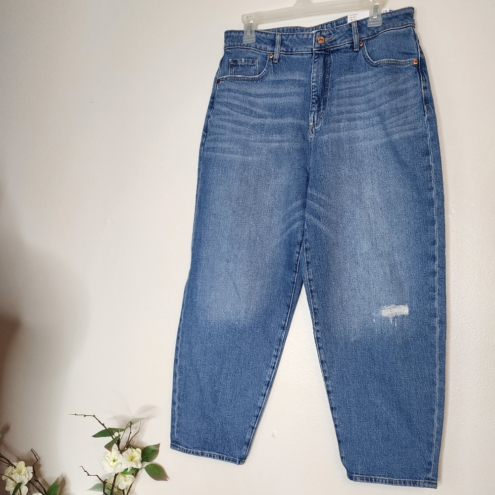 NEW LOFT Destructed Fresh Cut High Rise Barrel Jeans Med Blue Wash Women Spring - Picture 3 of 16